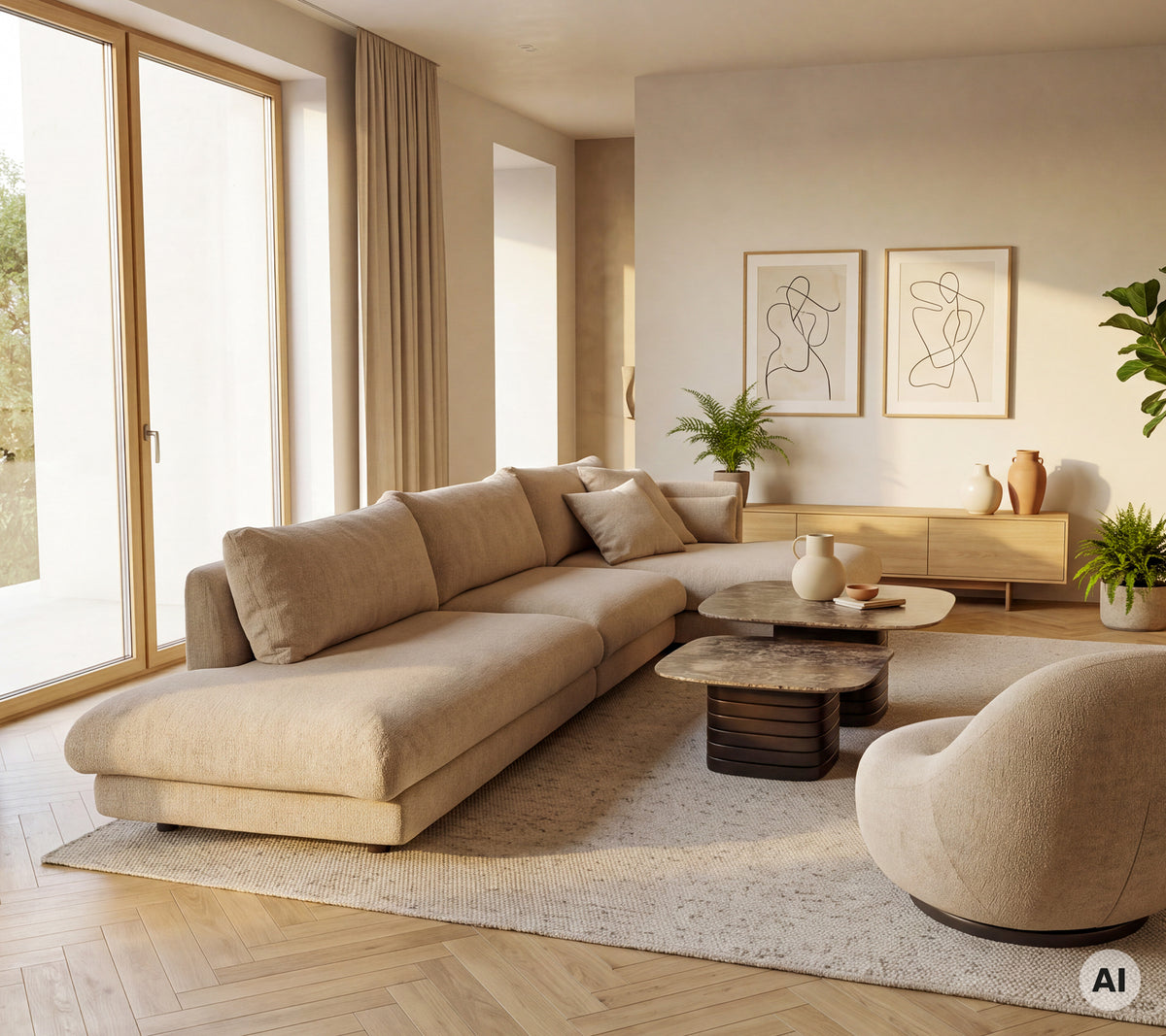Beige sofa og lænestol med et rundt sofabord i et moderne lounge-område.