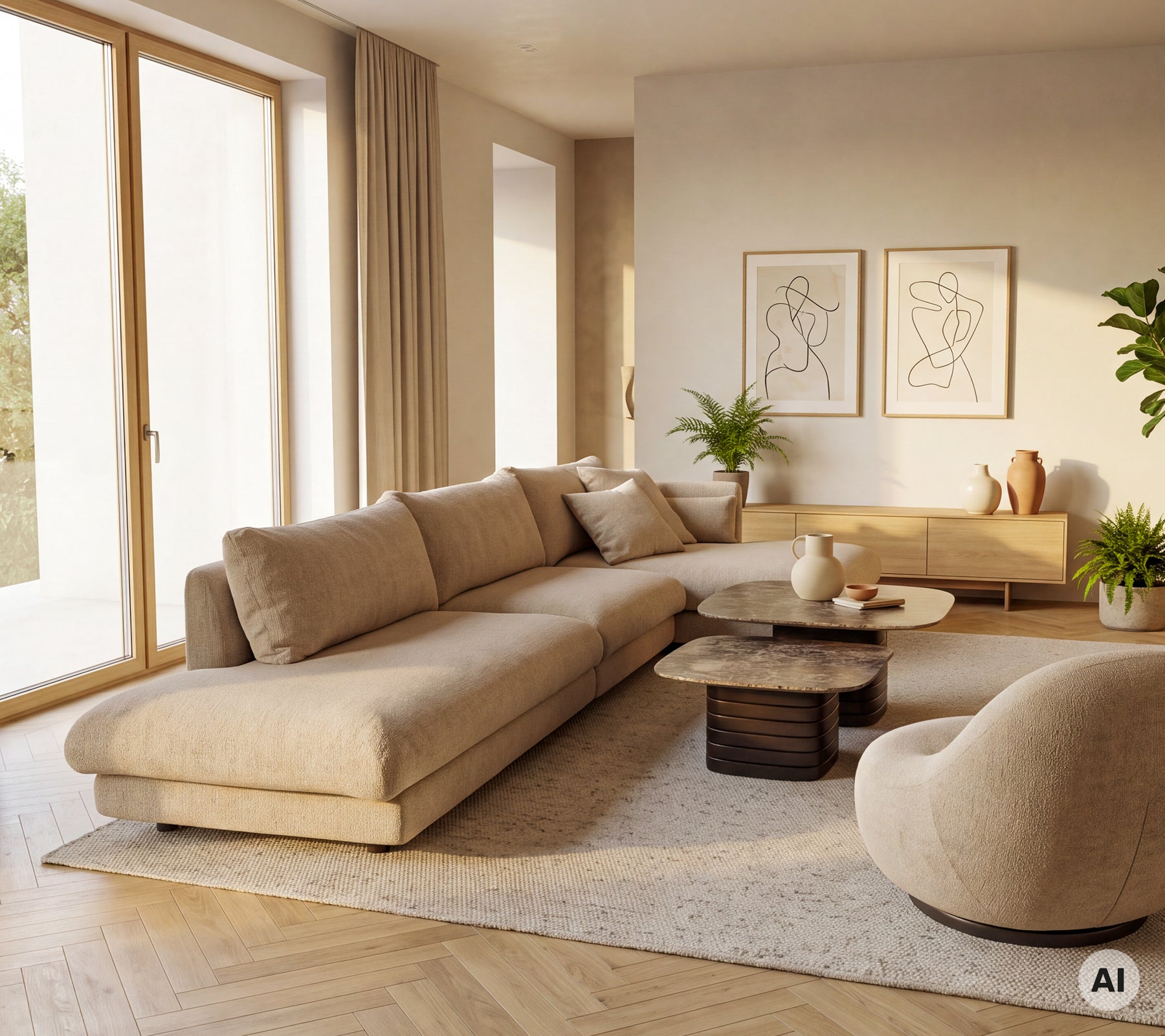 Beige sofa og lænestol med et rundt sofabord i et moderne lounge-område.