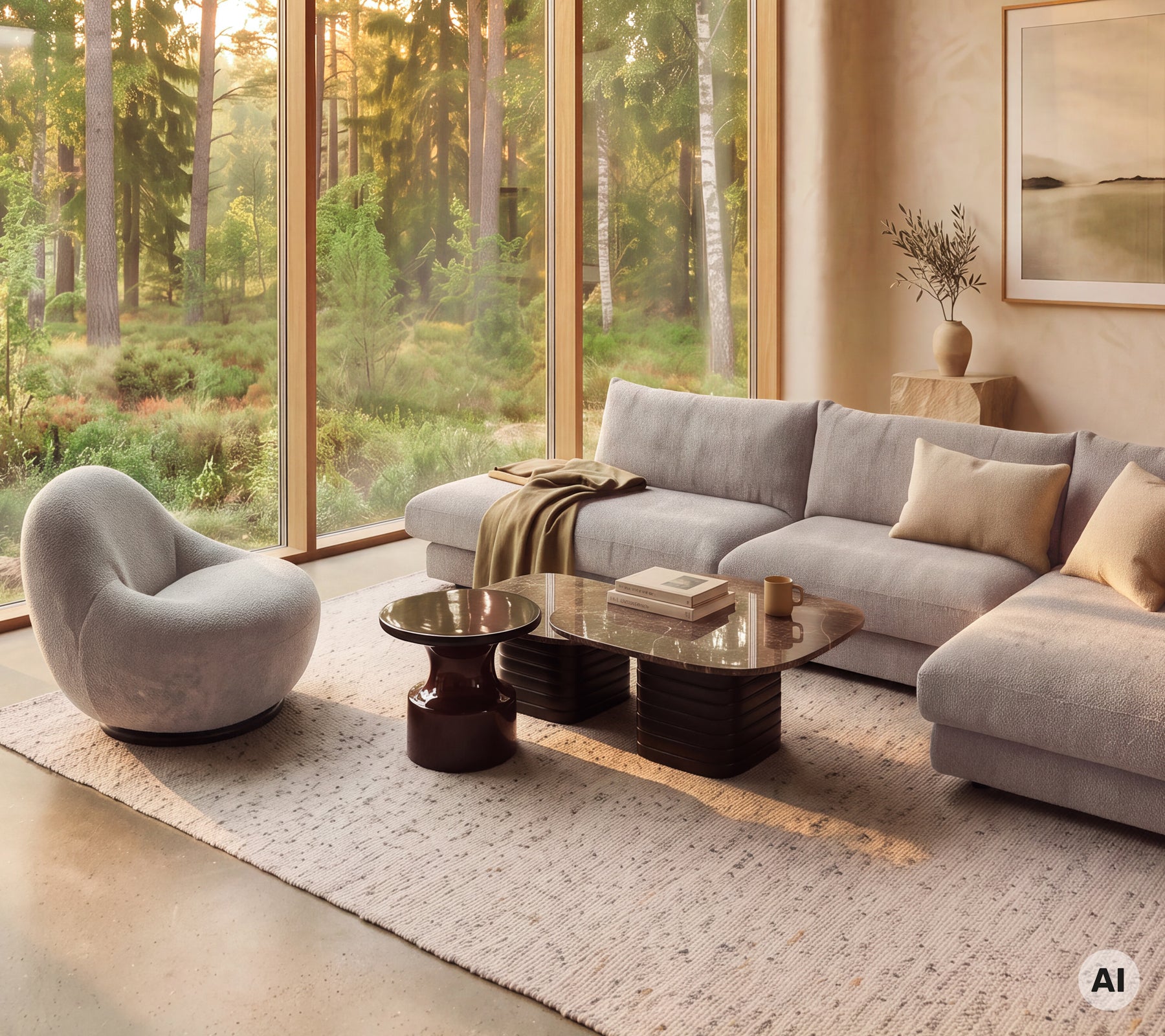 Moderne loungeområde med en grå sofa, beige puder, et rundt sofabord og en buet stol.