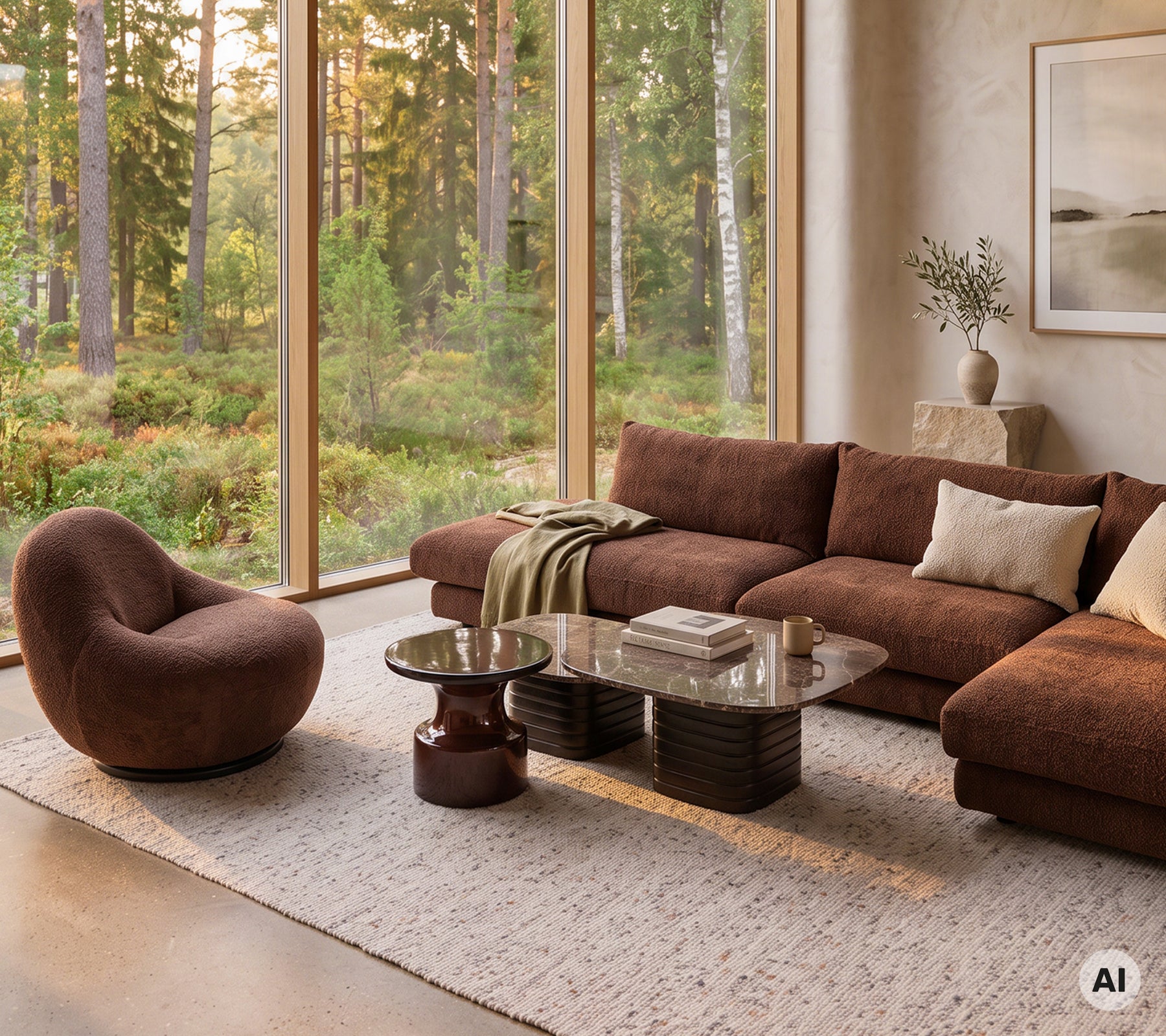 Moderne lounge med en brun sofa, en brun stol og et glas sofabord.