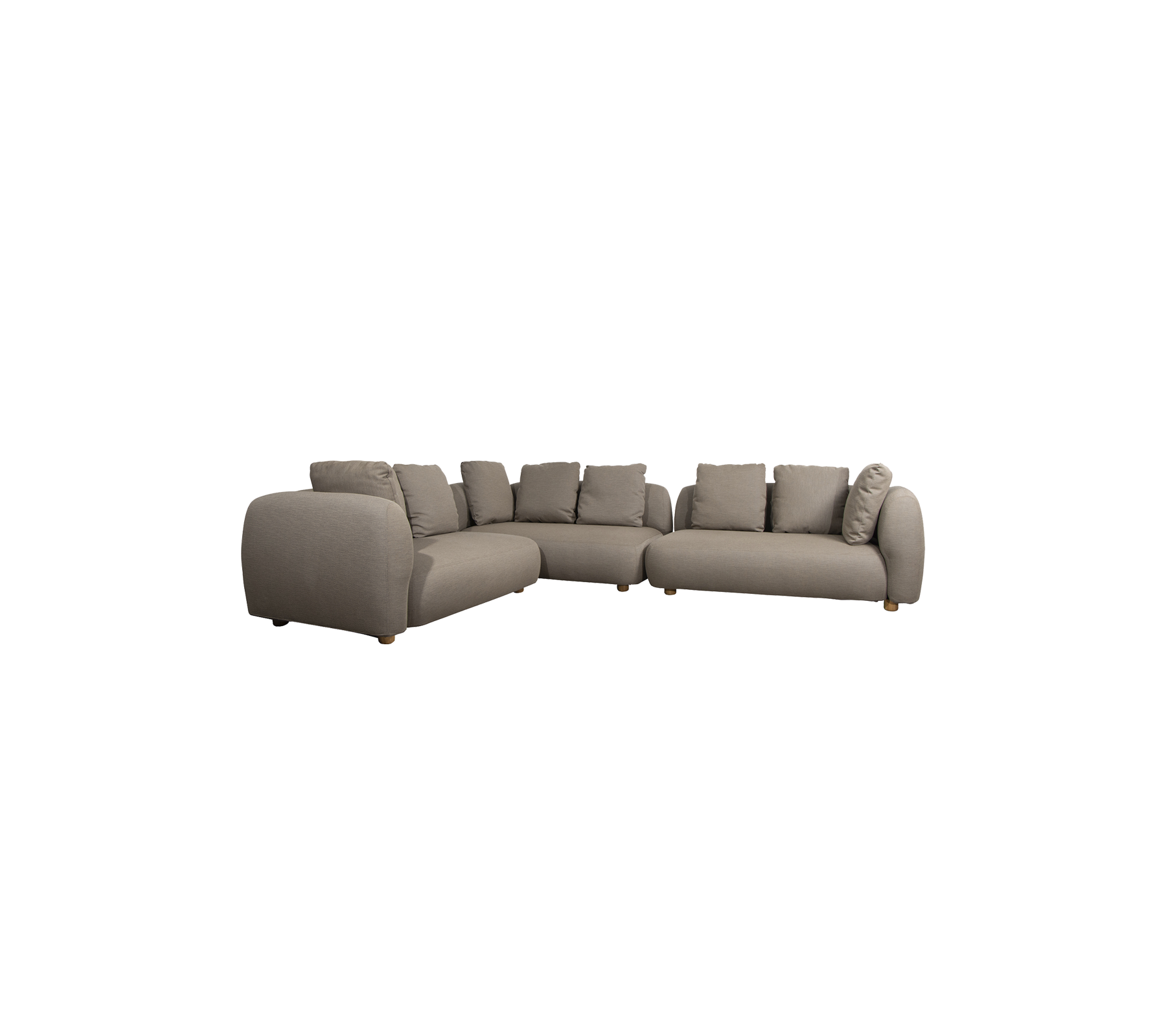 En moderne sektionel sofa i et dæmpet gråt stof med bløde puder og træben, designet til komfort og stil.
