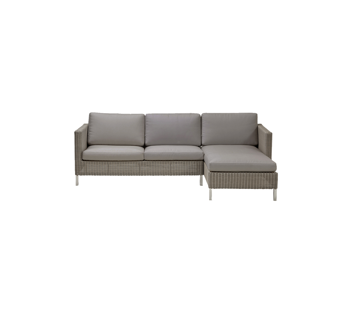 Moderne sektionel sofa med en lys grå farve og komfortable puder med et strømlinet design og vævet tekstur.