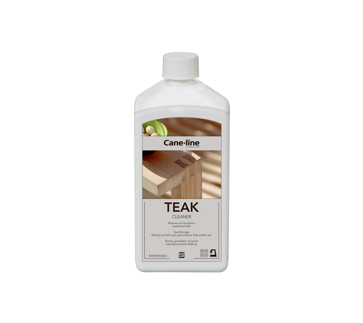 Flaske med teakolie til træpleje, med et etiket med produktinformation og brugsanvisning.