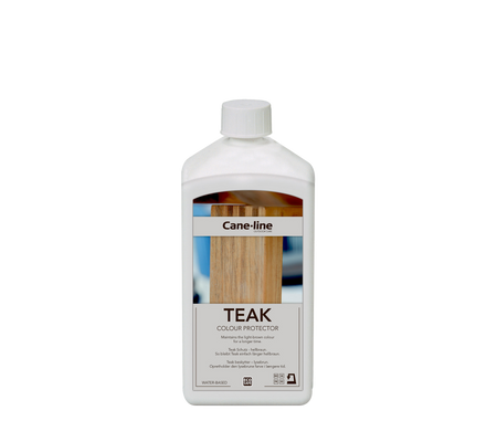 Container af teakfarvebeskytter fra Cane-line, designet til at vedligeholde og forbedre udseendet af teaktræets overflader.