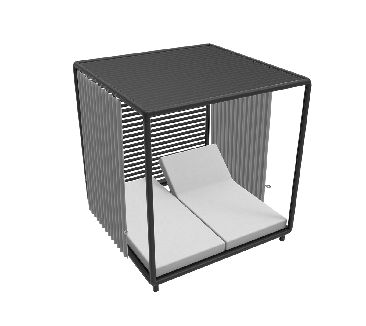 Stilfuld cabana med et moderne design, der har to polstrede liggestole og slanke lodrette lister for et nutidigt look.