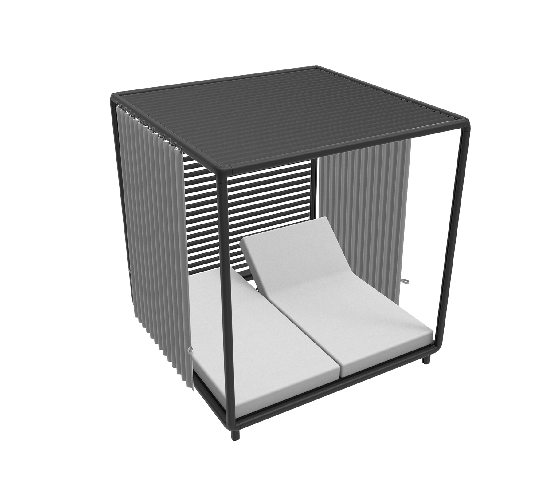 Stilfuld cabana med et moderne design, der har to polstrede liggestole og slanke lodrette lister for et nutidigt look.