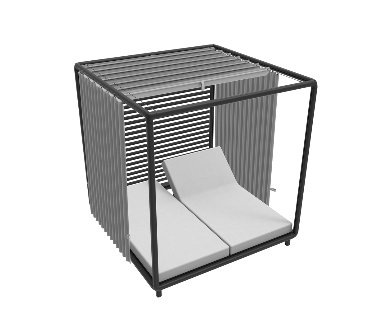 Stilfuld cabana med en slank ramme og to komfortable loungestole, ideelle til afslapning og solbadning.