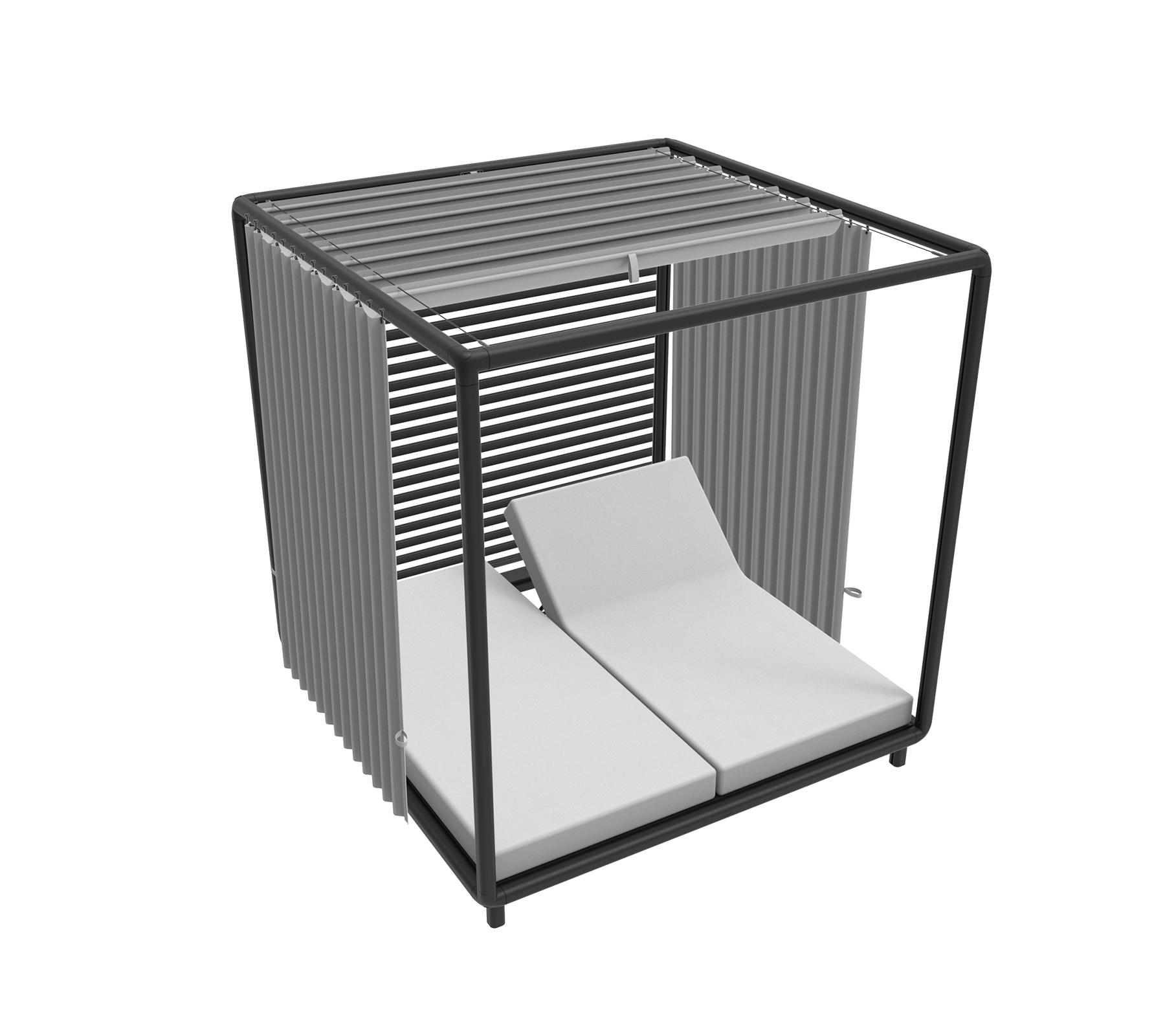 Stilfuld cabana med en slank ramme og to komfortable loungestole, ideelle til afslapning og solbadning.