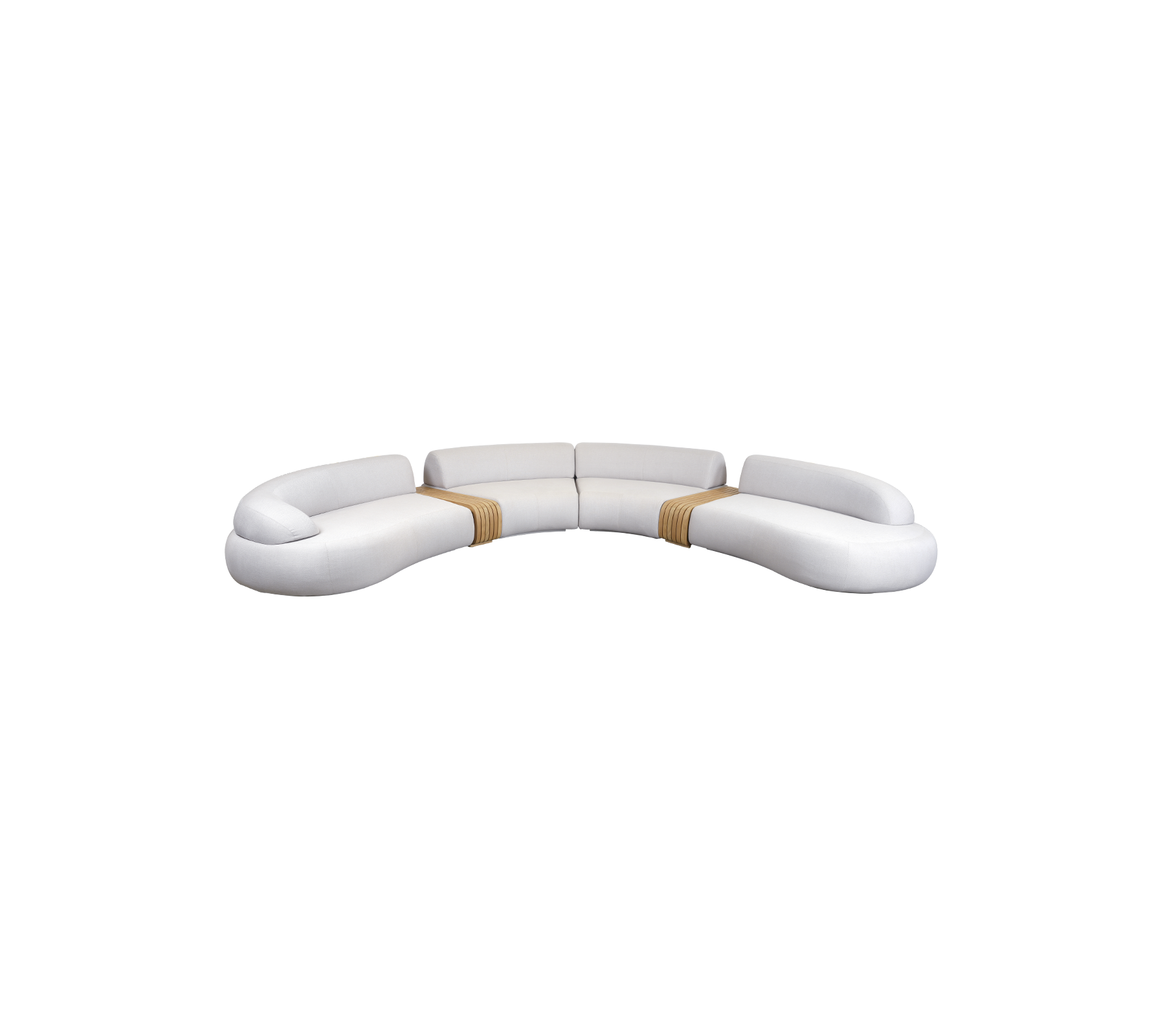 Bueformet hvid sofa med bløde linjer og trædetaljer, designet til komfort og moderne æstetik. Ideel til ethvert opholdsrum.