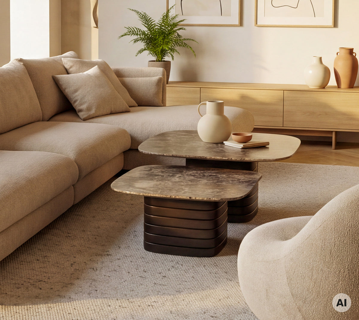 Beige sofa med et brunt kaffebord og en hvid vase i en moderne loungeindstilling.
