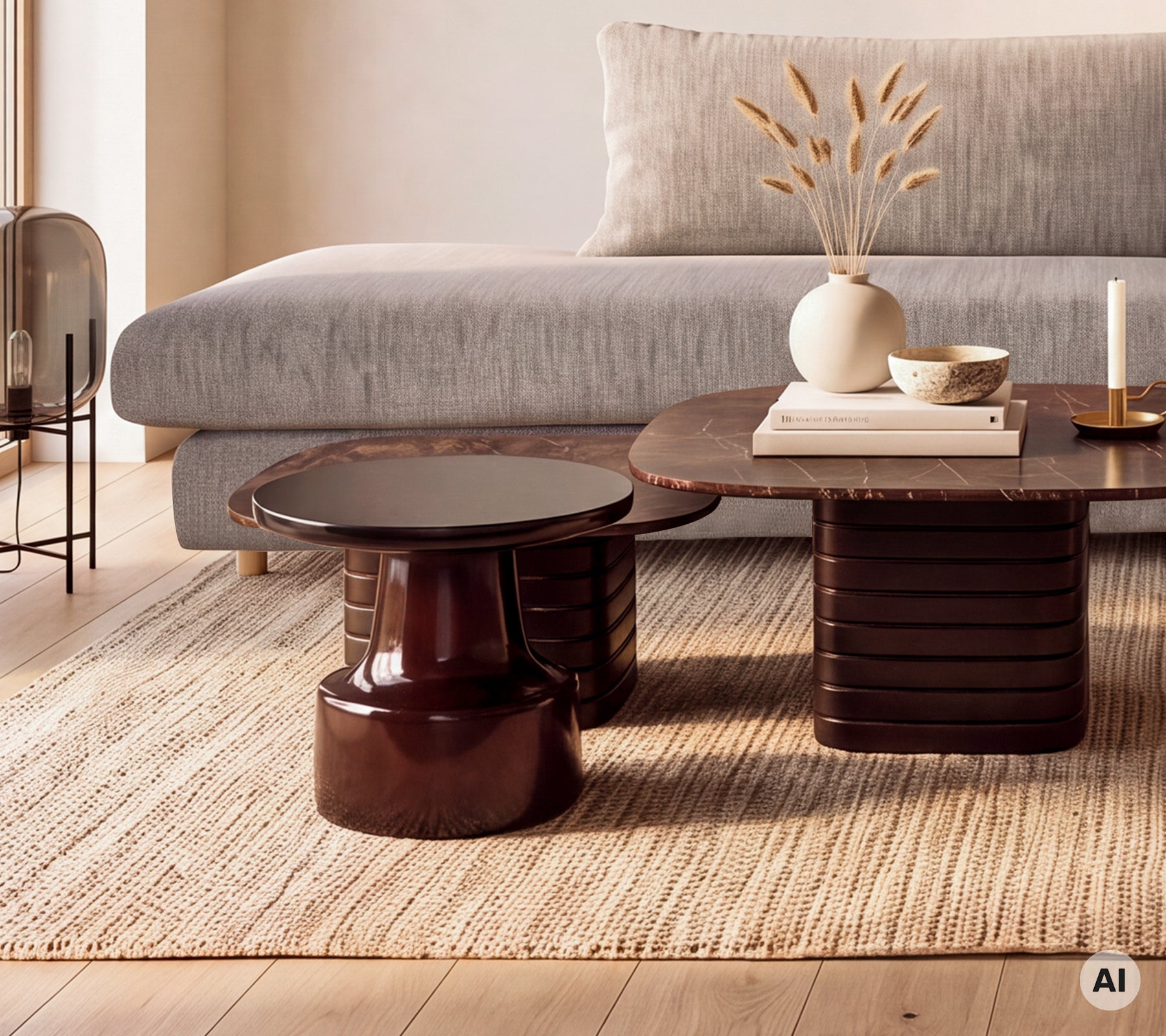Grå sofa med brun sofabord og sort sidebord i en moderne loungeindstilling.