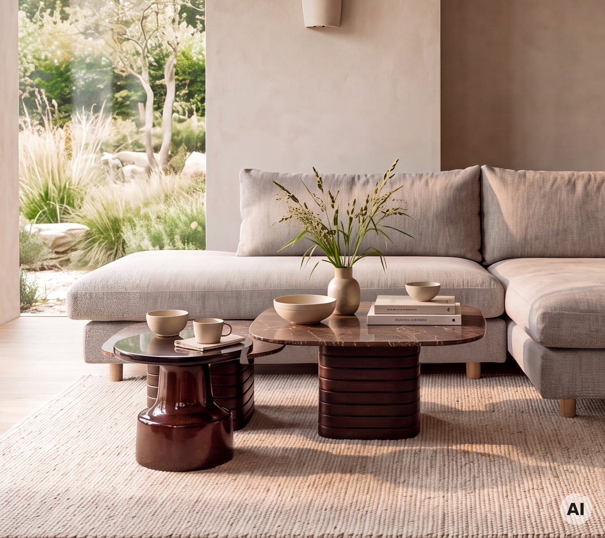 Moderne lounge med en grå sofa, brunt bord og beige tæppe.