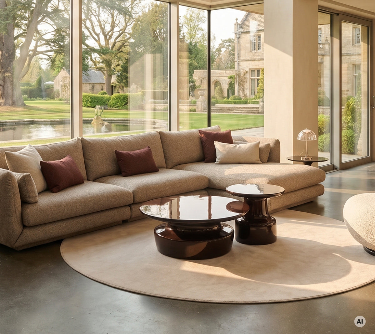 Moderne stue med beige sektion sofa, brun kaffebord og cremefarvet tæppe.