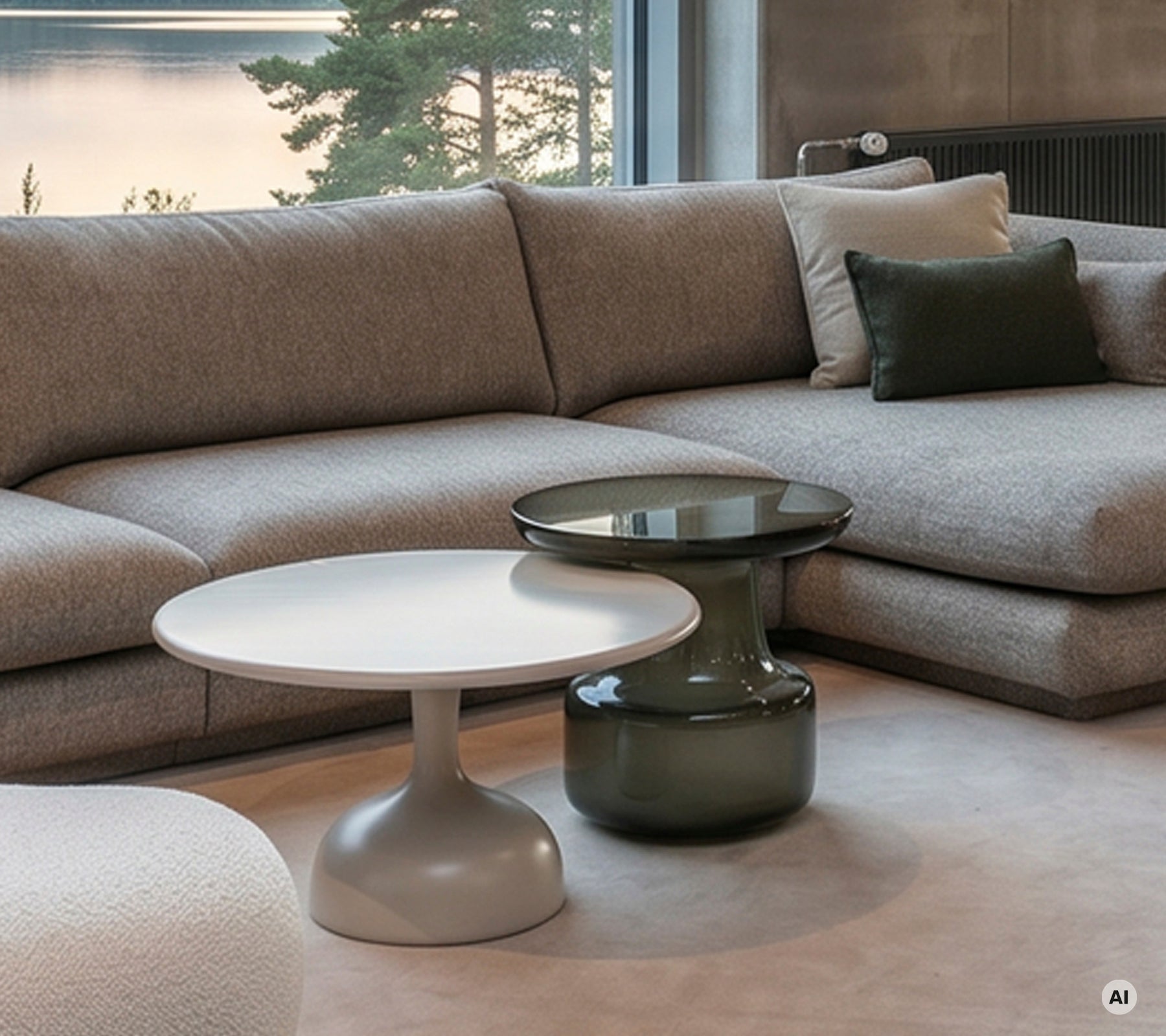 Moderne stue med en grå sofa og hvide og grønne borde.