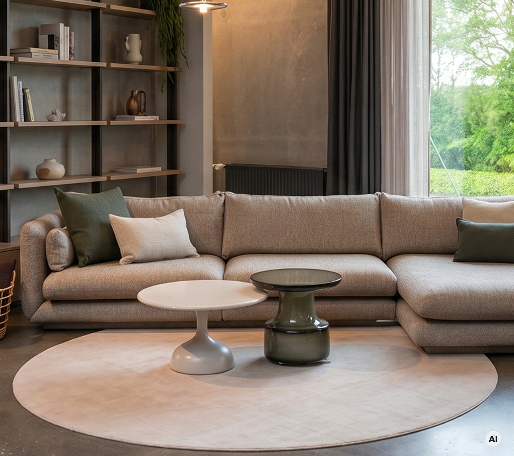 Moderne lounge med beige sofa, hvidt bord og grøn pude.