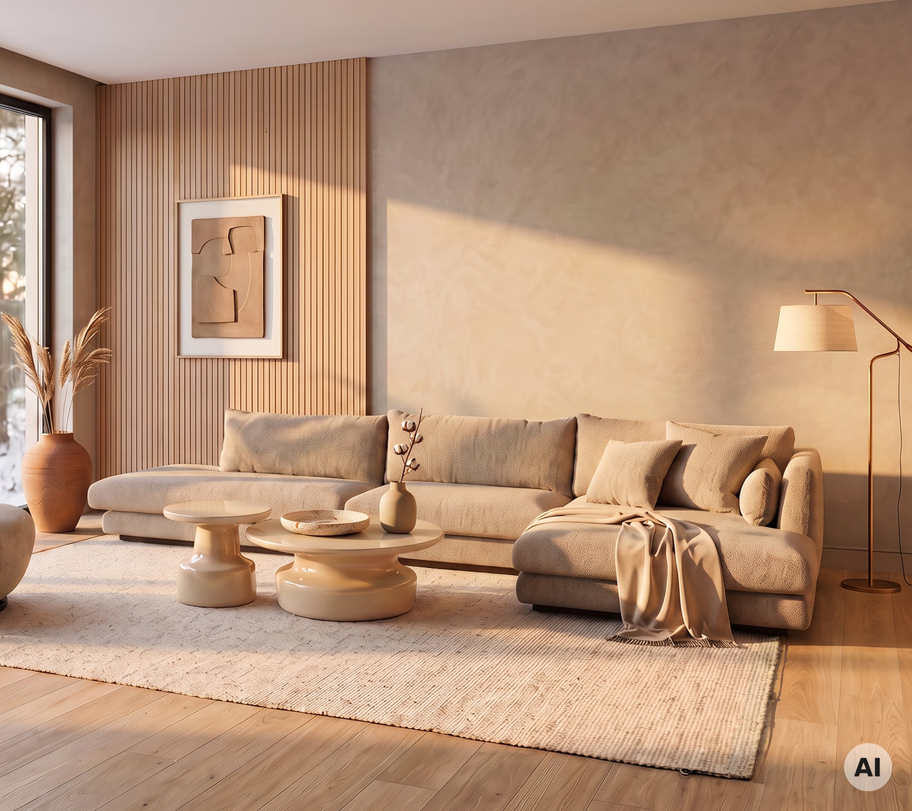Moderne stue med en beige sofa, rundt sofabord og et blødt tæppe.