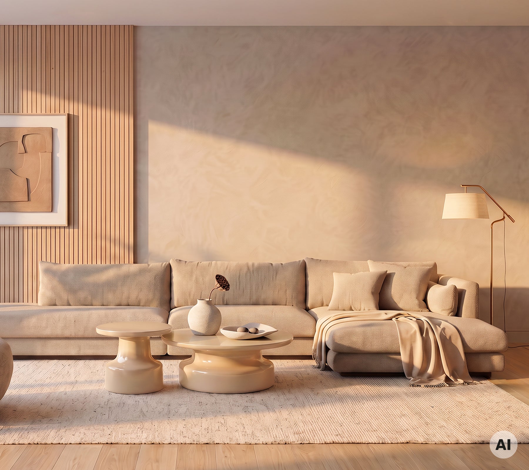 Moderne minimalistisk stue med en beige sofa modul og rund sofabord.