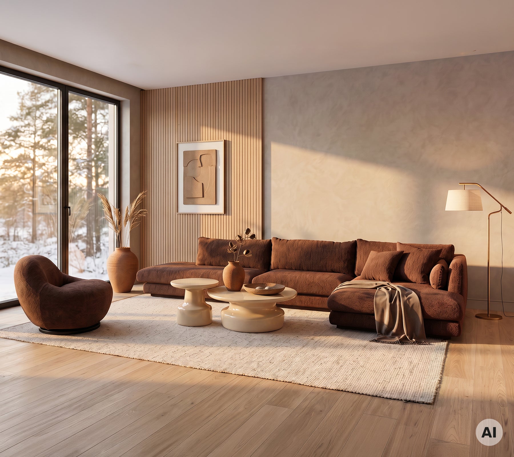 Brun sofa og lænestol med et lyst træbord i et moderne lounge-opsætning.