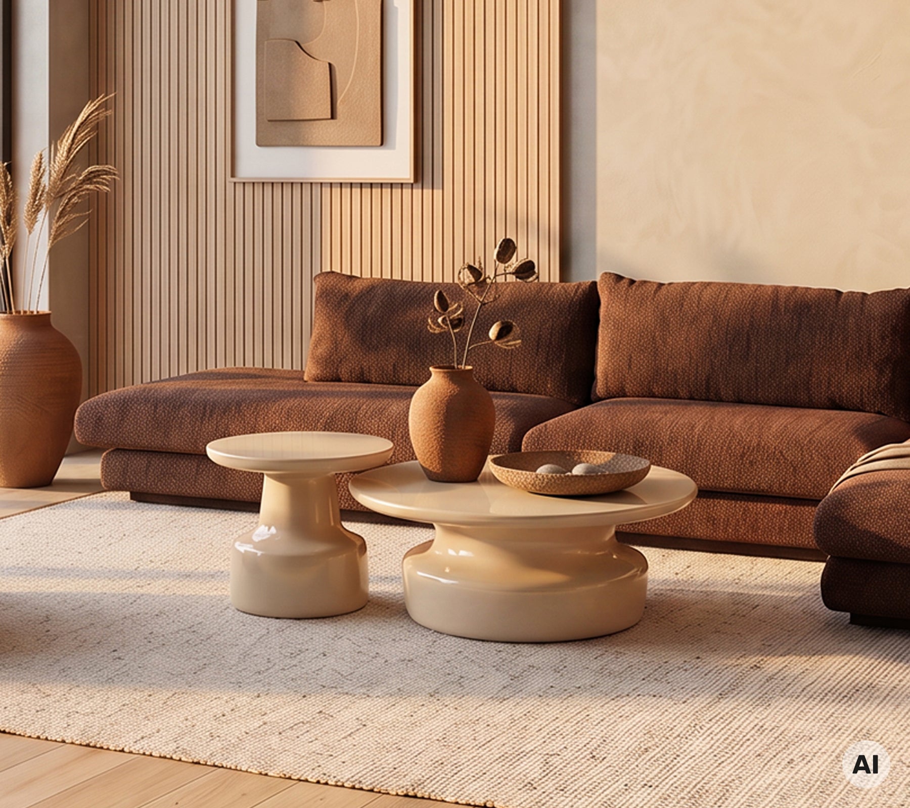 Moderne lounge med en brun sofa, beige sofaborde og dekorative vaser.