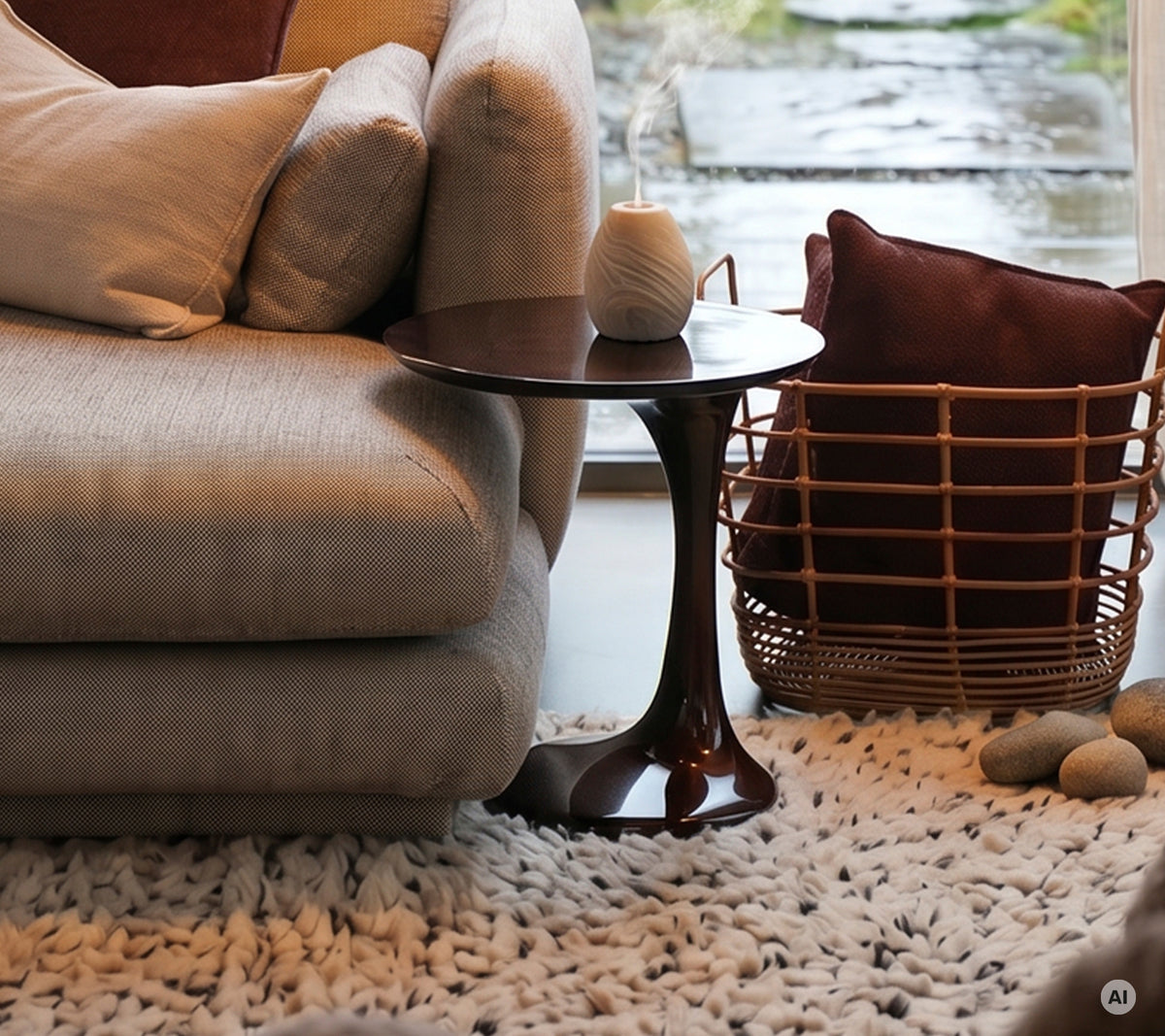 Moderne stue med grå sofa, brun sidetable, rød pude og hvid vase.