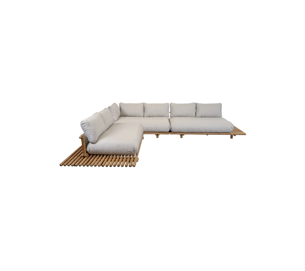 L-formet sektionel sofa med bløde puder og en trælamelleret base, designet til komfort og stil.