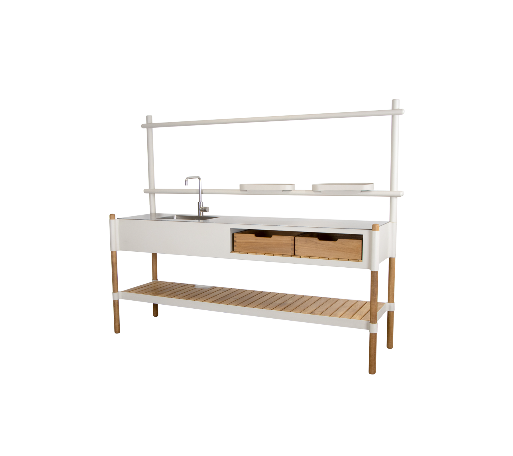 Stilfuld køkkenenhed med en vask, to skuffer og en åben hylde til opbevaring, suppleret af et moderne design.