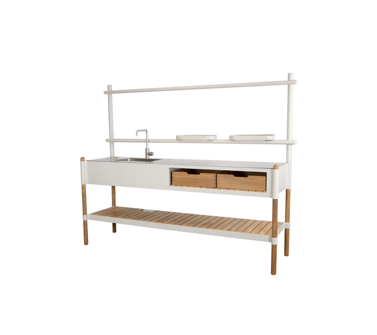 Stilfuld køkkenenhed med en vask, to skuffer og en åben hylde til opbevaring, suppleret af et moderne design.