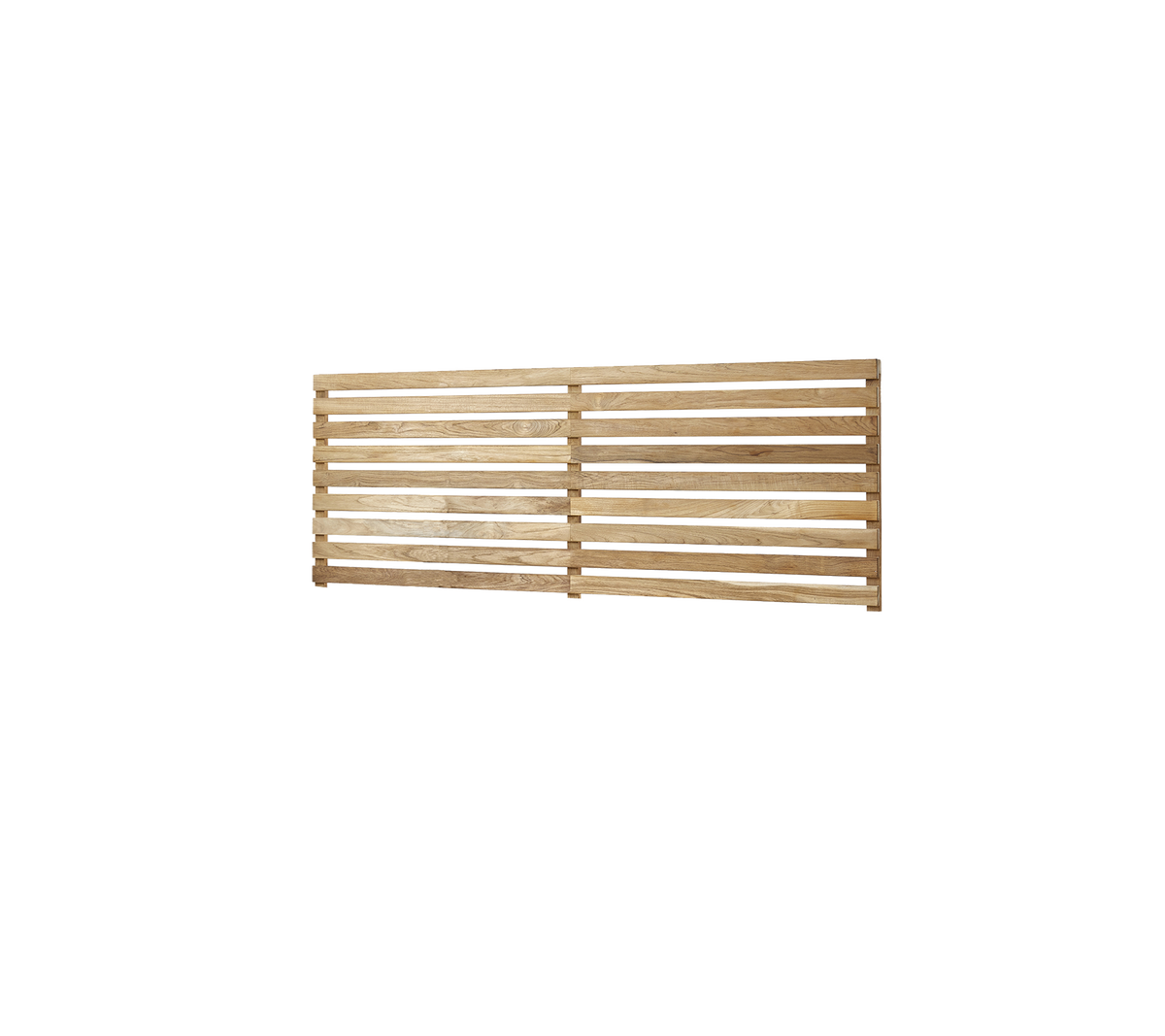 Trælamelleret panel med en naturlig finish, der har jævnt fordelte lameller til ventilation eller dekorativt brug.