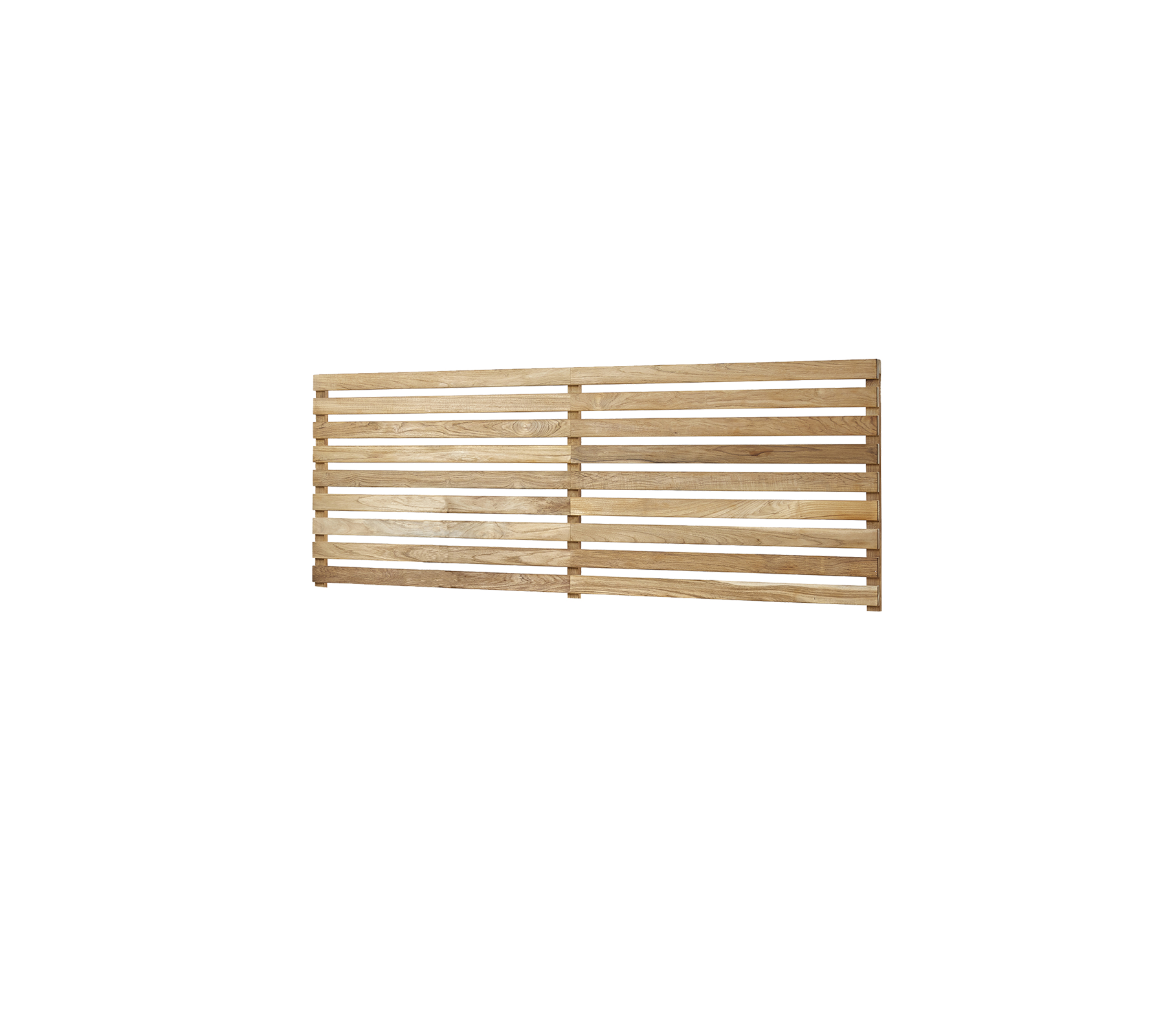Trælamelleret panel med en naturlig finish, der har jævnt fordelte lameller til ventilation eller dekorativt brug.