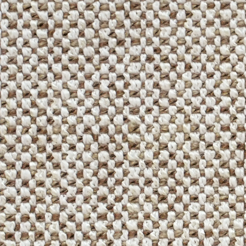 Tekstureret stof med et vævet mønster i beige og hvide nuancer.